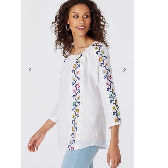 J. Jill Tops J Jill White Embroidered Linen Peasant Blouse Poshmark